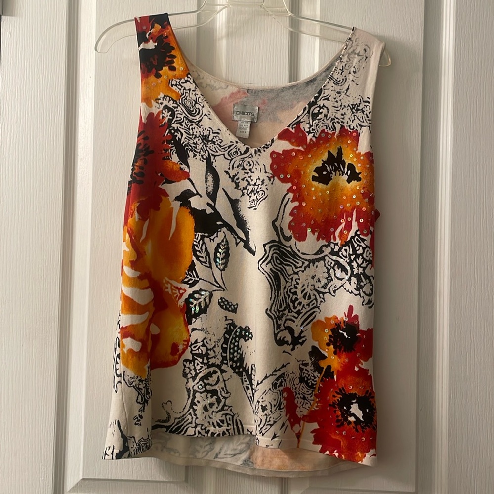 Chico's silk blend cream orange red black v-neck floral print and sequins shell